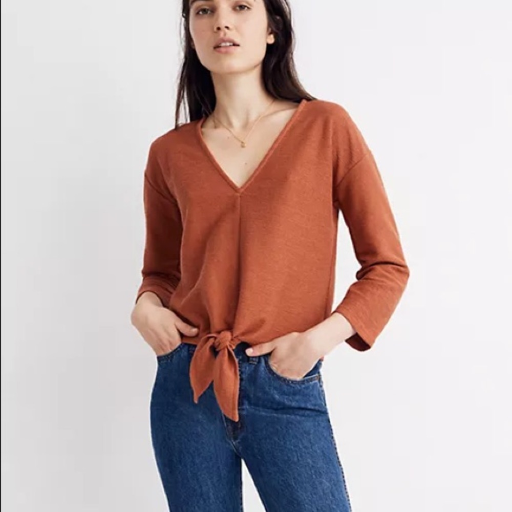 Madewell Texture and Thread Orange Modern Ribbed Tied Front Top